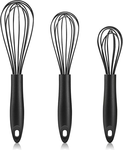 Silicone Whisk,Heat Resistant Non Scratch Whisks Set of 3,Stainless Steel & Silicone Wisk for Cooking,Kitchen Whisk For Nonstick Cookware,Balloon Egg Whisk Perfect for Blending,Beating,Frothing-Black