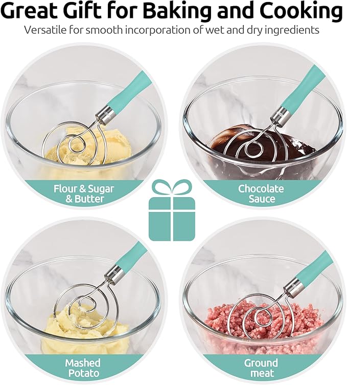 U-Taste 12.6in Danish Dough Whisk: 18/8 Stainless Steel Heavy-Duty Sourdough Mixer Tool, Food Grade Dutch Style Seamless Bread Wisk, Sturdy for Mixing, Stirring, Kneading Thick Batter (Aqua Sky)