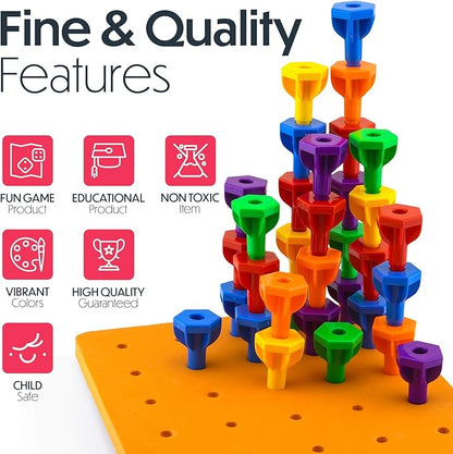 Pegs Board Game Set Jumbo Pack | 48 Pegs + 2 Boards & Storage Bag W/Handle Easy to Carry. for Motor Skills Sorting Counting Color Recognition Occupational Therapy Toddler and Preschool by Twinkle me