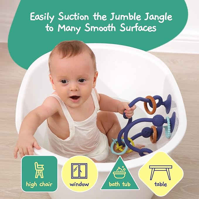 Jumble Jangle Baby Teething Toys – BPA-Free, Multi Purpose High Chair Toys for Babies: Suction Teething Relief with Sensory Toy Textures for Infants and Toddlers 0–24+ Months (Light Blue)