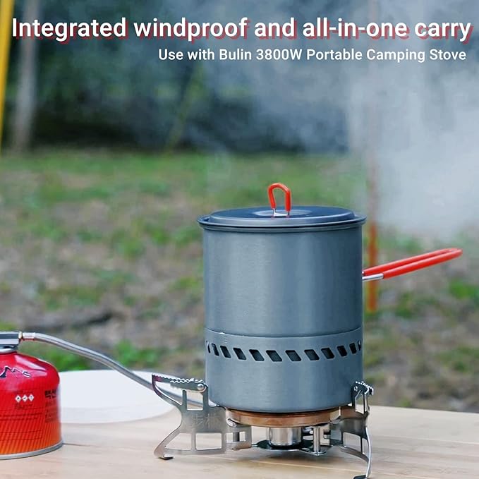 Bulin Camping Pot, 1.5L High Efficiency Backpacking Pot Ultralight Camping Cooking Set Cookware Gear with Heat-Proof Handle & Heat Exchanger for Outdoor Picnic Hiking Travel