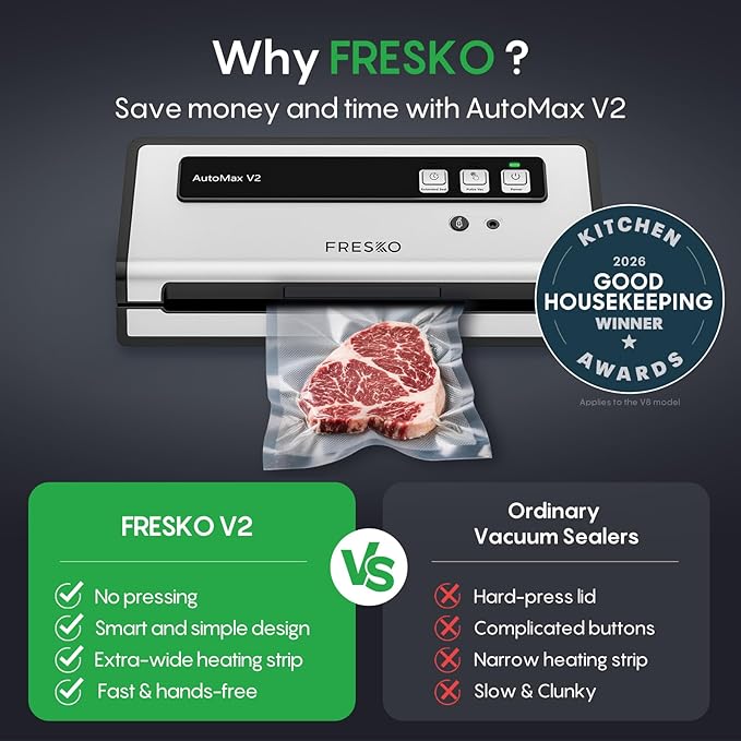FRESKO Vacuum Sealer Machine with Automatic Bag Detection, Double Heat Seal, Compact Food Sealer, Easy to Use, Starter Kit