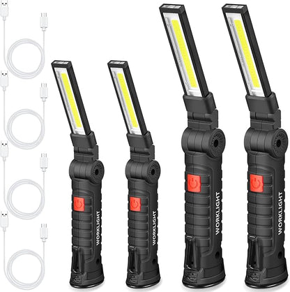 Honoson 4 Pieces LED Work Light Cob Rechargeable Work Flashlight with Magnetic Base, Hanging Hook and 360° Rotate 5 Modes Portable LED Flashlight for Car Repair, Household and Outdoor(Small, Large)