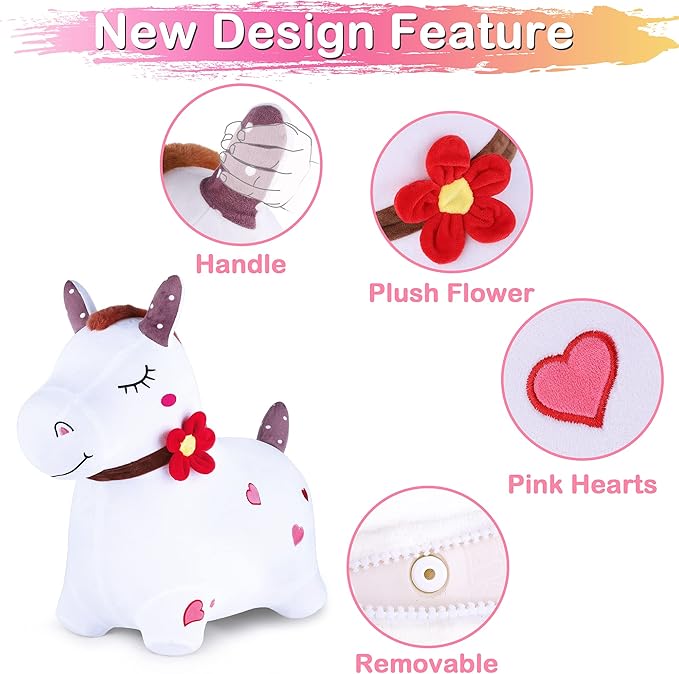 iPlay, iLearn Bouncy Pals White Hopping Horse, Inflatable Bouncing Animal Hopper Toy W/Pump, Plush Ride on Bouncer, Indoor Outdoor Birthday Gifts for 18 24 Month 2 3 4 5 Year Old Toddler Kid Boy Girl