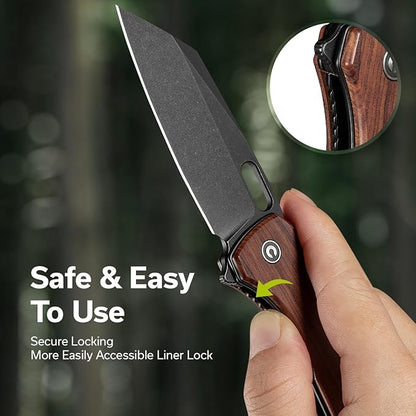 CIVIVI Nugz Folding Pocket Knife for EDC, 3.17" 14C28N Reverse Tanto Blade Wood Handle Flipper Knife for Ideal Gift to Men Women C23060-3 (Wood)