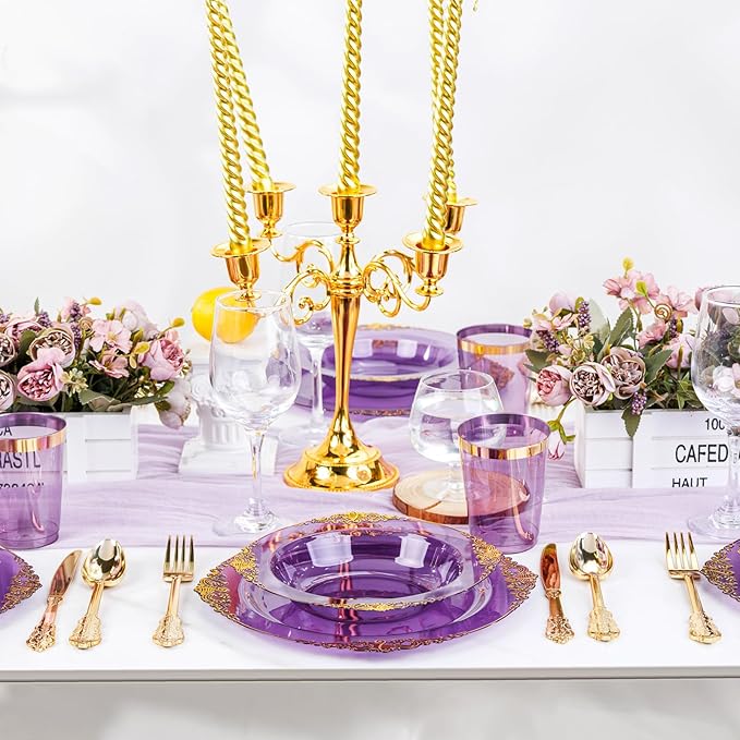 Nervure 50PCS Purple Plastic Bowls with Gold Rim - 12oz Disposable Soup Bowls, Heavy Duty Salad Dessert Bowl Perfect For Weddings, Parties and Everyday Use