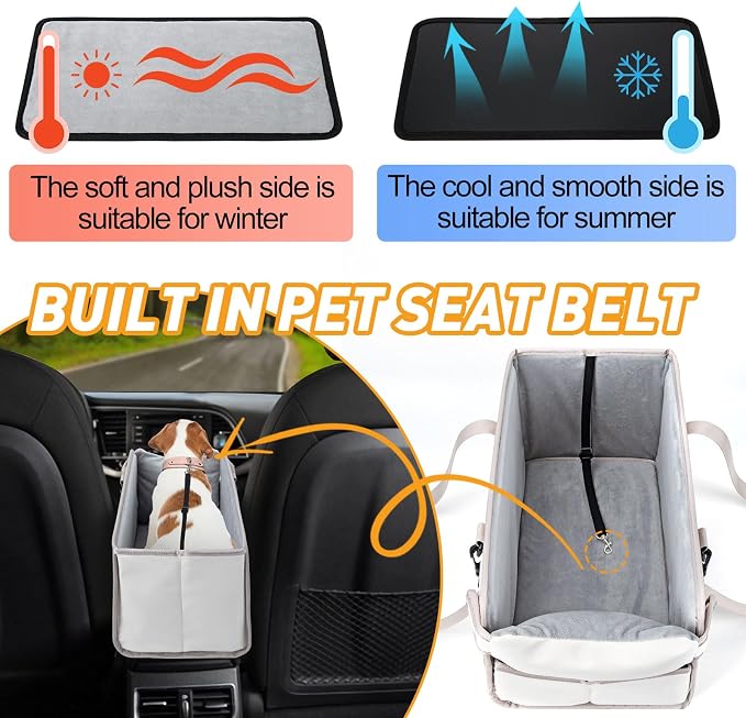 Portable Dog Car Seat for Small Dogs - Pet Booster Seat with Safety Leash, Adjustable Straps, Washable Cushion & Storage Pocket - Center Console Puppy Car Seat for Travel - Beige