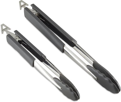 Anolon SureGrip Dishwasher Safe Nonstick Locking Cooking Tongs Set/Salad Serving Tools, 9 Inch and 12 Inch, Graphite Gray