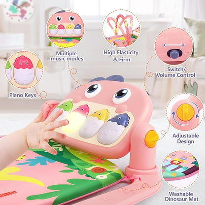 UMIKU Baby Play Mat Baby Tummy Time Mat Infant Newborn Musical Activity Center with High-Contrast Piano Music & Light Newborn Babies Gift for Girl Boy Babies 0-6 6-12 Month Pink Dinosaur