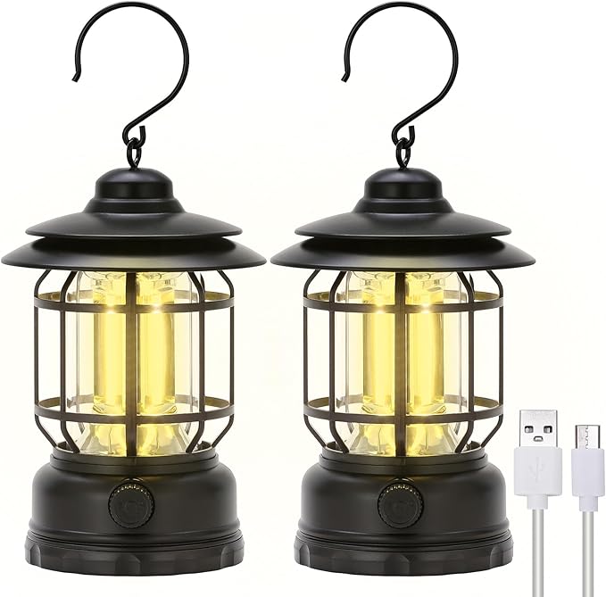LED Camping Lanterns Rechargeable Portable, Vintage Style Tabletop Lantern, Stepless Dimming, Waterproof - Black, 2 Pack for Camping, Hanging Tent Light, and Power Outages