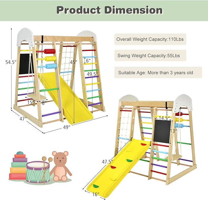 Costzon Indoor Jungle Gym, 8-in-1 Montessori Climbing Toys for Toddlers with Double-Sided Slide, Climbing Rock/Net, Indoor Wooden Playground Climber Playset for Kids 3+ Years Birthday