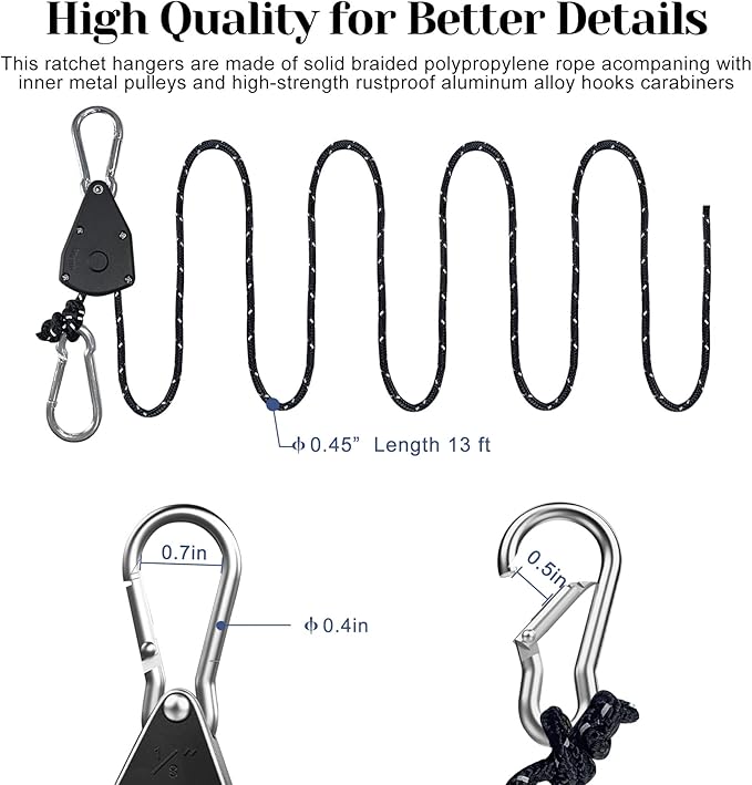 CONBOLA Suction Cups Hooks with 1/8" Adjustable Grow Light Hangers 13 ft with Reinforced Metal,Heavy Duty Ratcheting Pulley System for Camping Gardening and Various Tie-Down Uses.(4-Pack Set)