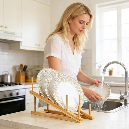 4 PCS Wooden Dish Drying Rack Bamboo Plate Dish Rack Stand Kitchen Cabinet