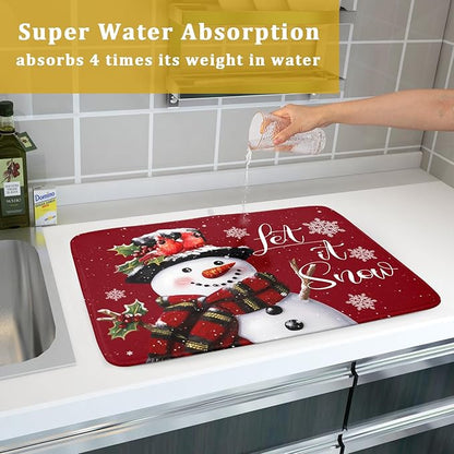 Christmas Dish Drying Mat for Kitchen Counter Snowman Let It Snow Microfiber