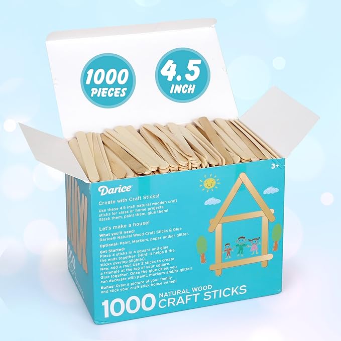 Darice 1000 Pcs Popsicle Stick, 4.5" Natural Wood Craft Sticks Supplies, Ice-Cream Stick Pop, Ages 3+