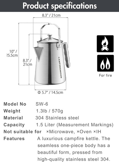 CAMPINGMOON 1.5L Campfire Kettle Stainless Steel Camping Coffee Pot Full capacity 1.86L SW-6