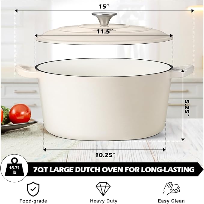 TeamFar Enameled Cast Iron Dutch Oven, 7qt Dutch Oven Pot Nonstick Cookware