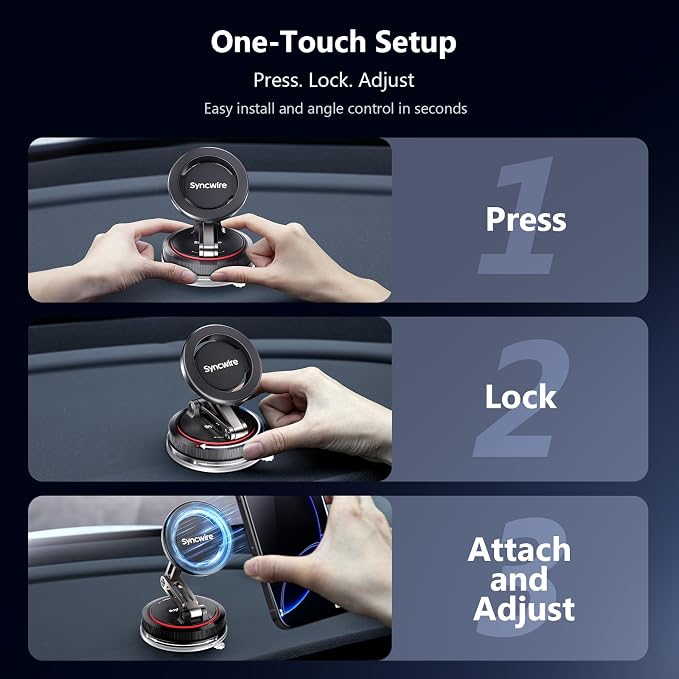 SYNCWIRE for MagSafe Car Mount [3-Axis] Nano Adhesive Gel + Strong Suction Cup Magnetic Phone Holder for Dashboard & Windshield, 360° Adjustable for iPhone 17 16 15 14 13 12, Samsung, Matte Black