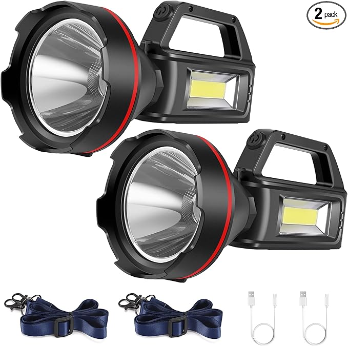 Rechargeable Spotlight Flashlight, High Lumens Handheld Spotlight,LED Searchlight with Shoulder Strap and USB Output for During Hurricane,Emergency, Storms,Hunting, Hiking, Camping(Black Pack of 2)