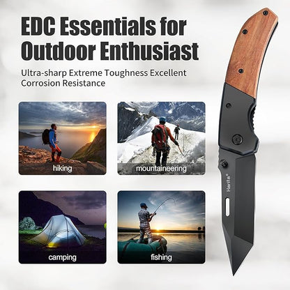Harita Pocket Knife for Men, Folding Utility with Pocket Clip, Wood Handle EDC for Women with 3.4″ Black Steel Blade, Camping Knife, Hunting, Hiking - Father's Day Gift (Back, 3.4 inch Classic Blade)