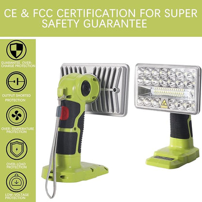 YEX-BUR Cordless LED Work Light for Ryobi 18v Battery, 18W 2000LM Power LED Spotlight Handheld Flashlight Portable Jobsite Light for Outdoor Camping, Emergency, Power Outages