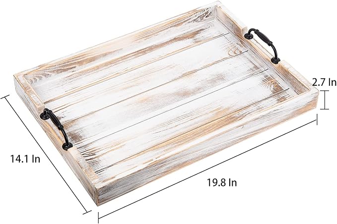 Rustic Vintage Big Wood Food Breakfast Serving Trays with Cutout Metal Handles(20 Inches) Large Nesting Board Decorative Serving Trays Platter in Bed, Ottoman, Coffee Table, BBQ, Party(Washed White