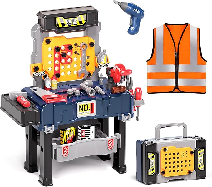 Deejoy Kids Tool Bench with Realistic and Electric Drill, Construction Workbench Toys for Toddlers 3-5, Toddler Bench Set for Boys & Girls Age 3-4 (with Work Clothes)