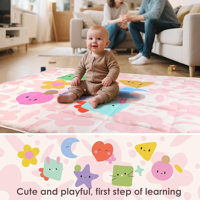 Baby Play Mat, Foldable Play Mats for Floor, 50x50 Inches Crawling Mat for Playpen with Anti-Slip Bottom, Machine Washable, Thicken Padding Foam Playmats for Babies and Toddlers (Pink Floral)