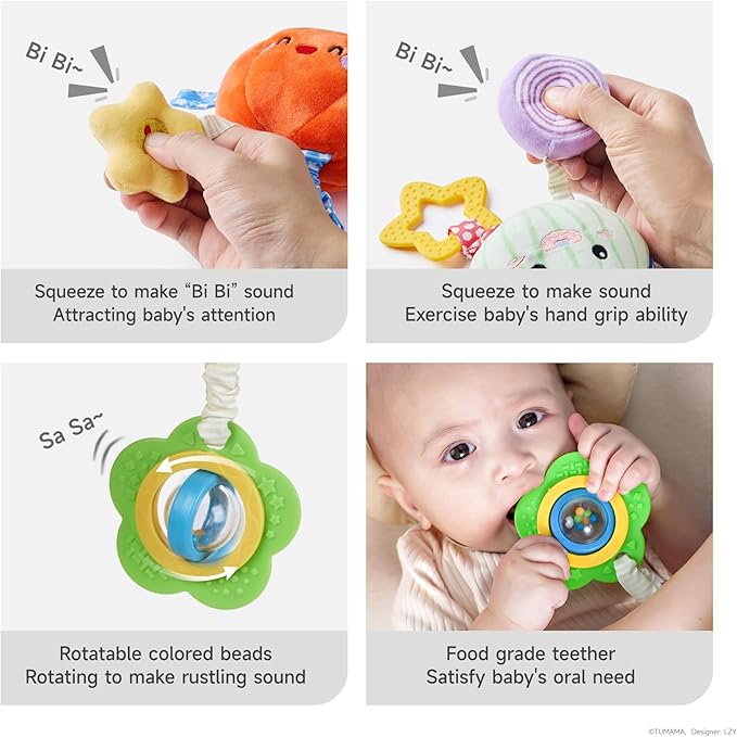 TUMAMA Hanging Baby Toys, 4 Pack Vegetable Crib Stroller Baby Gym Mobile Plush Toys, Early Baby Cognitive Sensory Hanging Rattle Toys with Teether. Suitable for Babies 0, 3, 6, 9, 12 Months