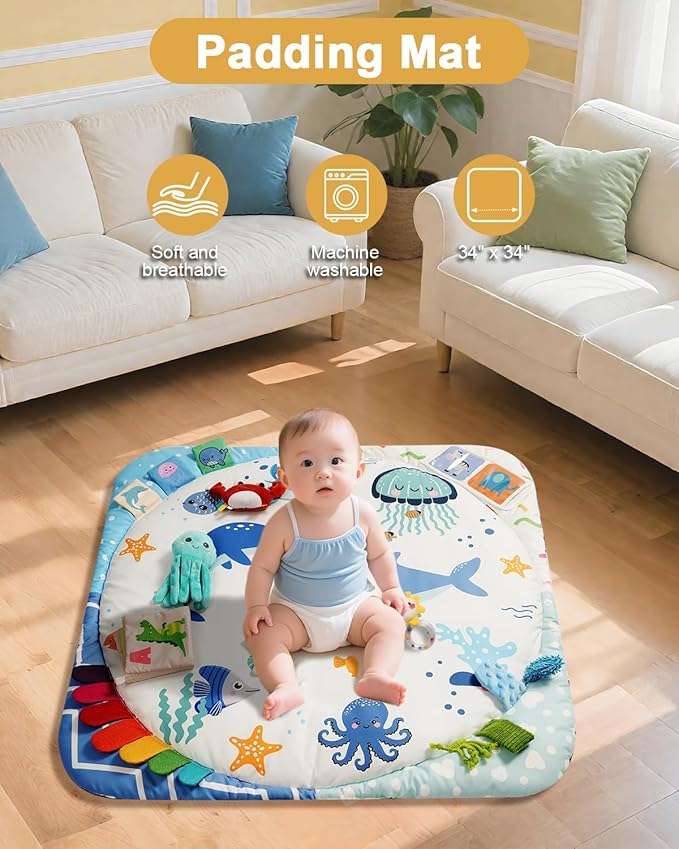 Baby Play Gym with 4 Developmental Zones – Tummy Time Mat & Activity Mat with 6 Sensory Toys, Visual Cards & Pillow – Baby Essentials & Ideal Gift for Newborns