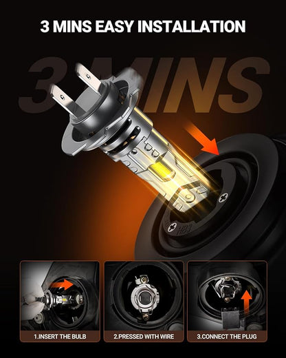 SEALIGHT H7 LED Bulbs, 44000LM 800% Super Brighter, 1:1 Halogen Size, 6500K Cool White, 60,000Hrs Long Service Life with Cooling Fan, Plug and Play, Pack of 2