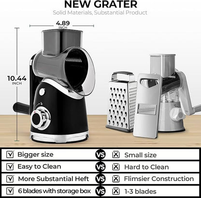 SUSTEAS Rotary Cheese Grater with Handle,Vegetable Slicer with 6 Interchangeable Blades, Reinforced Suction,Easy to Clean,Kitchen Shredder for Crushed Ice,Fruits and Nuts with Blade Storage Case,Black