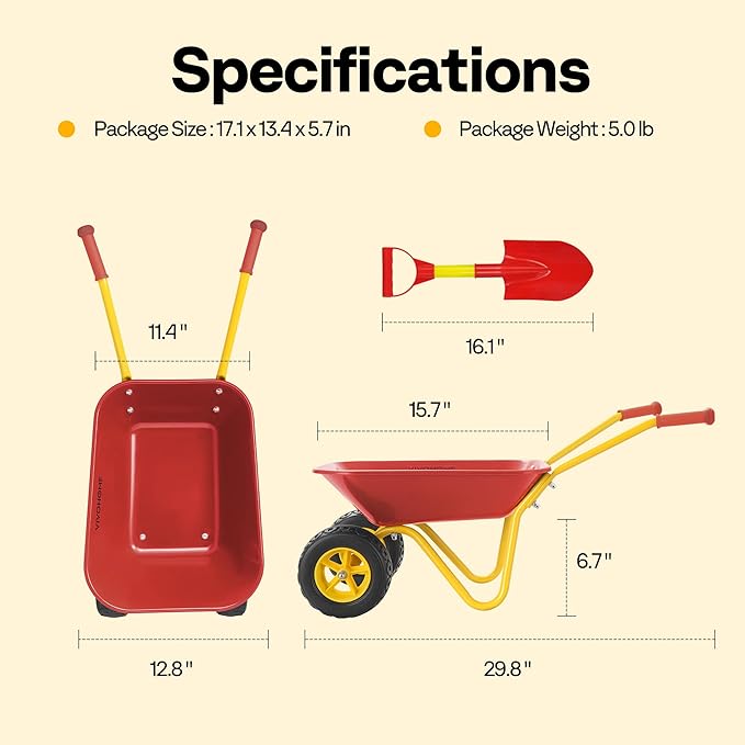 VIVOHOME Kids Wheelbarrow Children Garden cart with Toddler Gardening Tool Set Child Wheel Barrel Outdoor Indoor Toys Gift Red