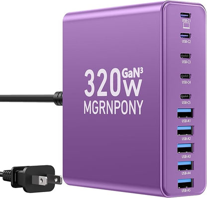 320W USB C Charger Block, 10-Port USB C Charging Station GaN III PD 65W Laptop