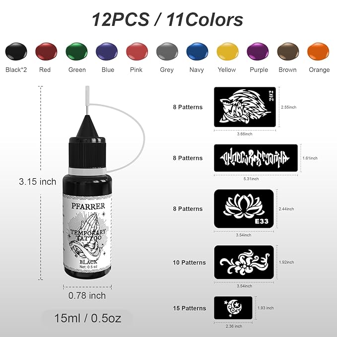 PFARRER Temporary Tattoo Kit12 Bottles Color Temporary Tattoo Ink,49 Big Pcs Stencils Kit for Body Paint DIY Fake Tattoos for Kids(Black*2,Red,Green,Blue,Pink,Grey,Navy,Yellow,Purple,Brown,Orange)