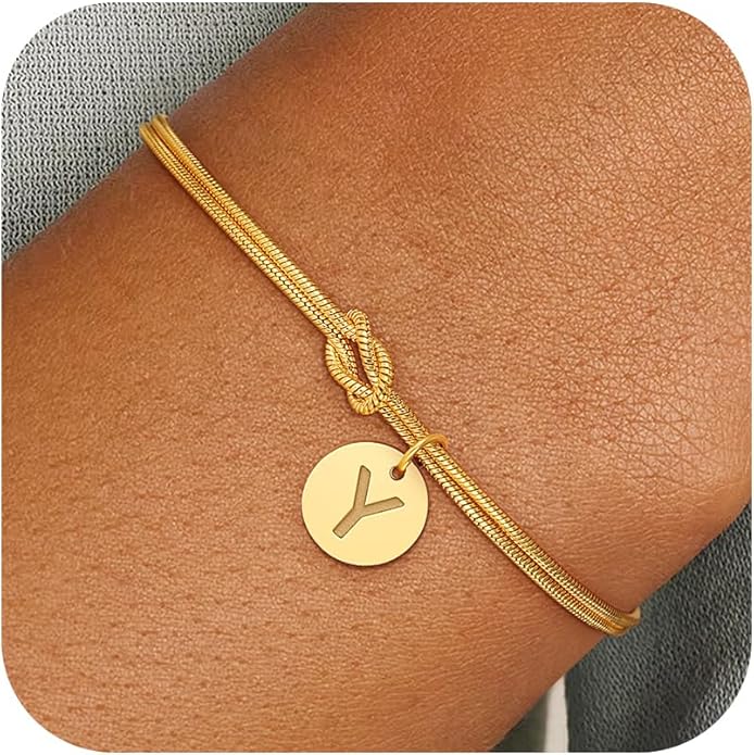 Gold Initial Bracelets for Women Girls - 18K Gold Plated A-Z Initial Bracelet Dainty Knot Bracelet Gold Bracelets for Women Teen Girl Gifts Trendy Stuff