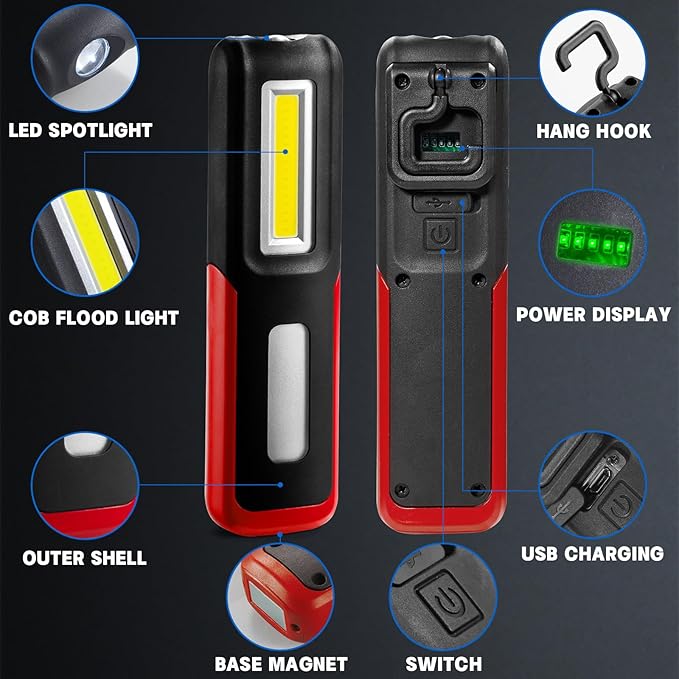 Rechargeable LED Work Light with Magnetic Base Portable Task Inspection Trouble Lights Lamp is Small and Reliable and Super Bright, for Tool Gifts for Men(Red)
