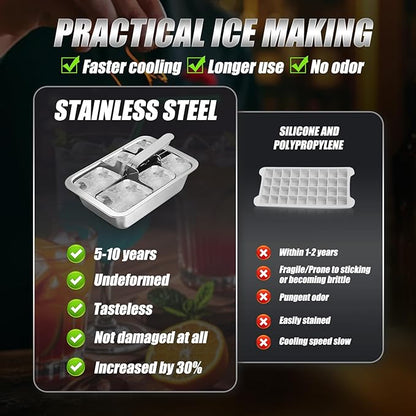 Ice Cube Trays, 2 Pack Large 6-cube Stainless Steel Ice Cube Trays