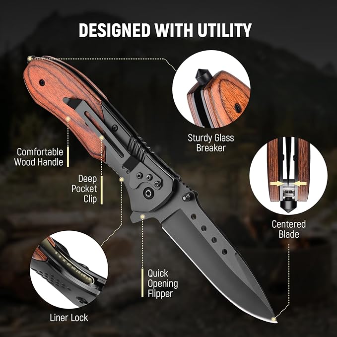 Pocket Knife for Men - 3.46" Sharp Blade Wood Handle Pocket Folding Knives with Clip, Glass Breaker - EDC Knives for Hunting Camping Survival Outdoor Fishing Hiking Women Men, Black