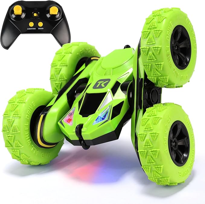 Threeking RC Stunt Cars Remote Control Car Double-Sided Driving 360-degree Flips Rotating Car Toy, Green