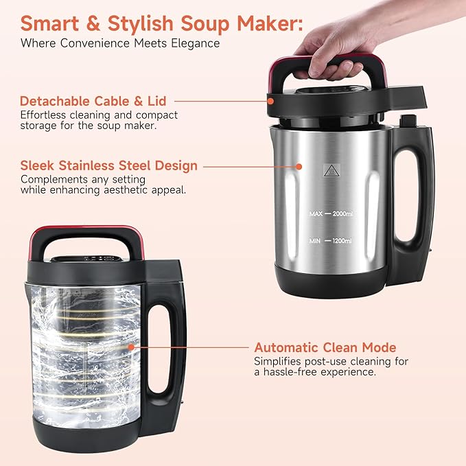 Homtone Soup Maker 2L, Makes 2-6 Servings, 6-in-1 Multifunctional Smooth and