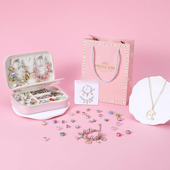 Emibele Bracelet Making Kit for Girls, 133 PCS Jewelry Making Kit DIY Art Crafts Toy with Portable Jewelry Organizer Box for Girls 5-12, Gifts for Teens Women on Birthday Valentines Christmas