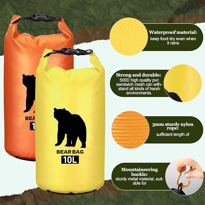 2 Pcs 10L Waterproof Bear Bags with 4 Nylon Ropes, 4 Clips & 2 Rock Pockets & 2 Small Warning Bells for Hanging Food securely. Ultralight Camping Food Bag System.