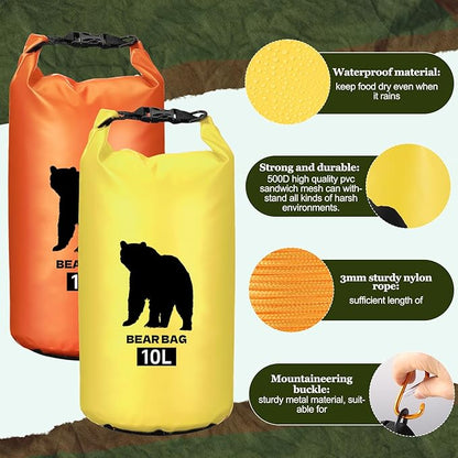 2 Pcs 10L Waterproof Bear Bags with 4 Nylon Ropes, 4 Clips & 2 Rock Pockets & 2 Small Warning Bells for Hanging Food securely. Ultralight Camping Food Bag System.