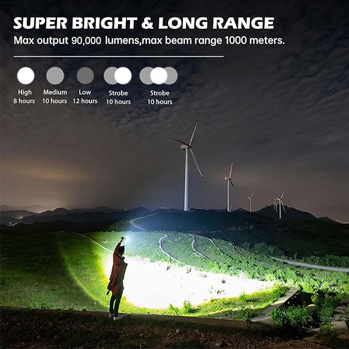 Rechargeable Flashlights 90,000 Lumens, Super Bright LED Flashlight High Lumens with USB Cable, 5 Modes Waterproof Flashlight Powerful Flash Light for Home Camping Hiking