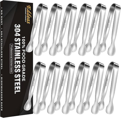 Mini Tongs For Serving Food，Set fo 12 Small Tongs For Appetizers，Small Stainless Steel Metal Cooking Tong，for Tea Party Coffee Bar, 4 inch Sugar Tong - Silver