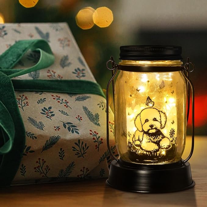 Bichon Dog Gifts for Women/Men Bichon Frise Solar Lanterns Birthday Dog Lovers Lantern Pet Loss Dog Memorial Lights Solar Garden Decoration for Yard, Patio,Backyard,Porch Torches Light