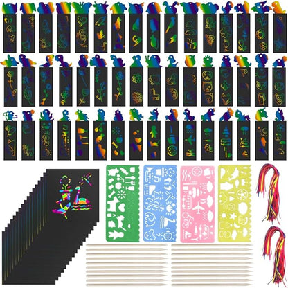 lyfLux 146 PCS Scratch Paper Art with Stencils, Rainbow Magic Scratch Paper Art Kit for Birthday Party, DIY Crafts
