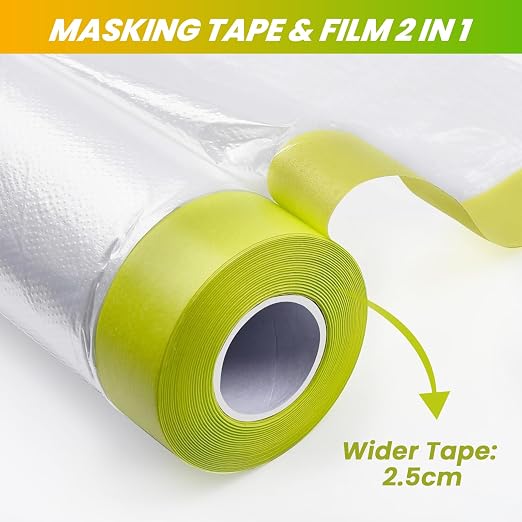 LLPT Pre-Taped Masking Film, 106.3" Unfolded x 66Ft, 0.31 Mil, 2 Pack | Static-Cling, Disposable, Solvent & Oil Resistant Bleed-Proof Low Tack No Residue for Auto Wall Furniture Painting Protection