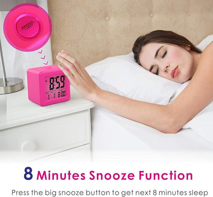 Plumeet Digital Kids Alarm Clock with Snooze and Nightlight - Easy Setting Silicone Clock Display Time, Date - Loud for Bedroom - Battery Powered (Pink)